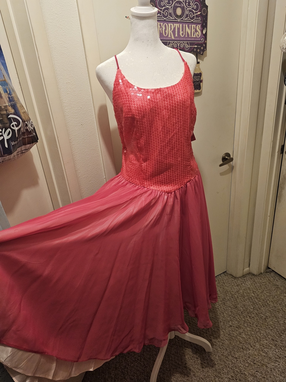 Vintage Womens  Pink Sequin Spaghetti Strap Dress 1980s